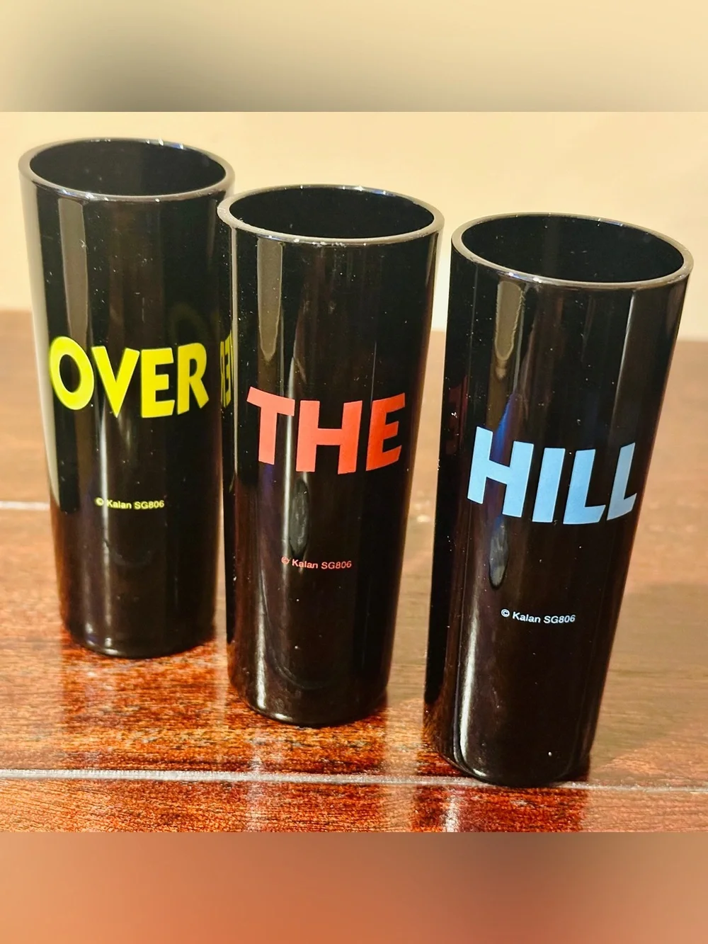 Vintage Kalan “Over The Hill” Shot Glasses Set 3 Black 4” Tall Shooter  1990s